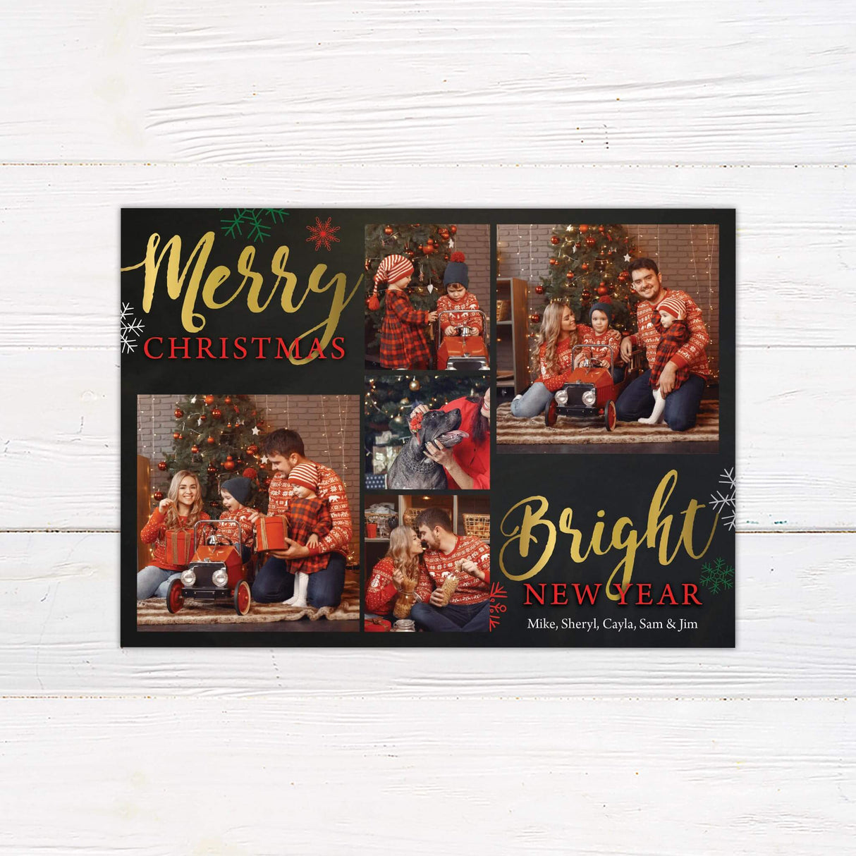 Custom family collage Christmas card with gold and red lettering, snowflake accents, and multiple photo spaces for personal holiday memories.
