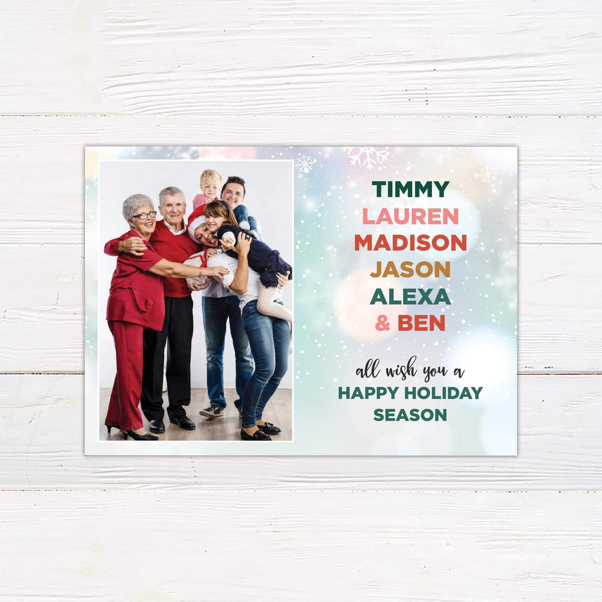 Family Names Holiday Card featuring personalized names and family photo with colorful holiday wishes.