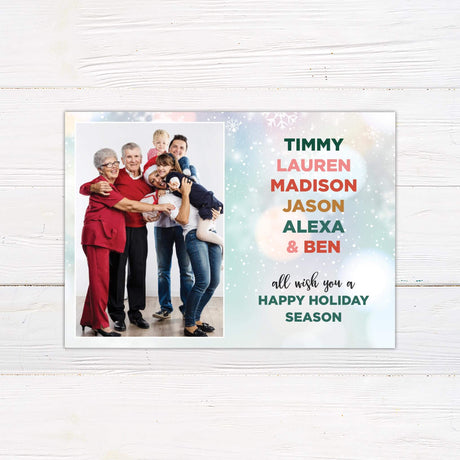 Family Names Holiday Card featuring personalized names and family photo with colorful holiday wishes.