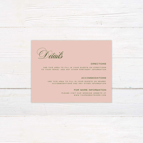 Blush pink wedding details card with elegant green script font, minimal floral accent, and classic layout.