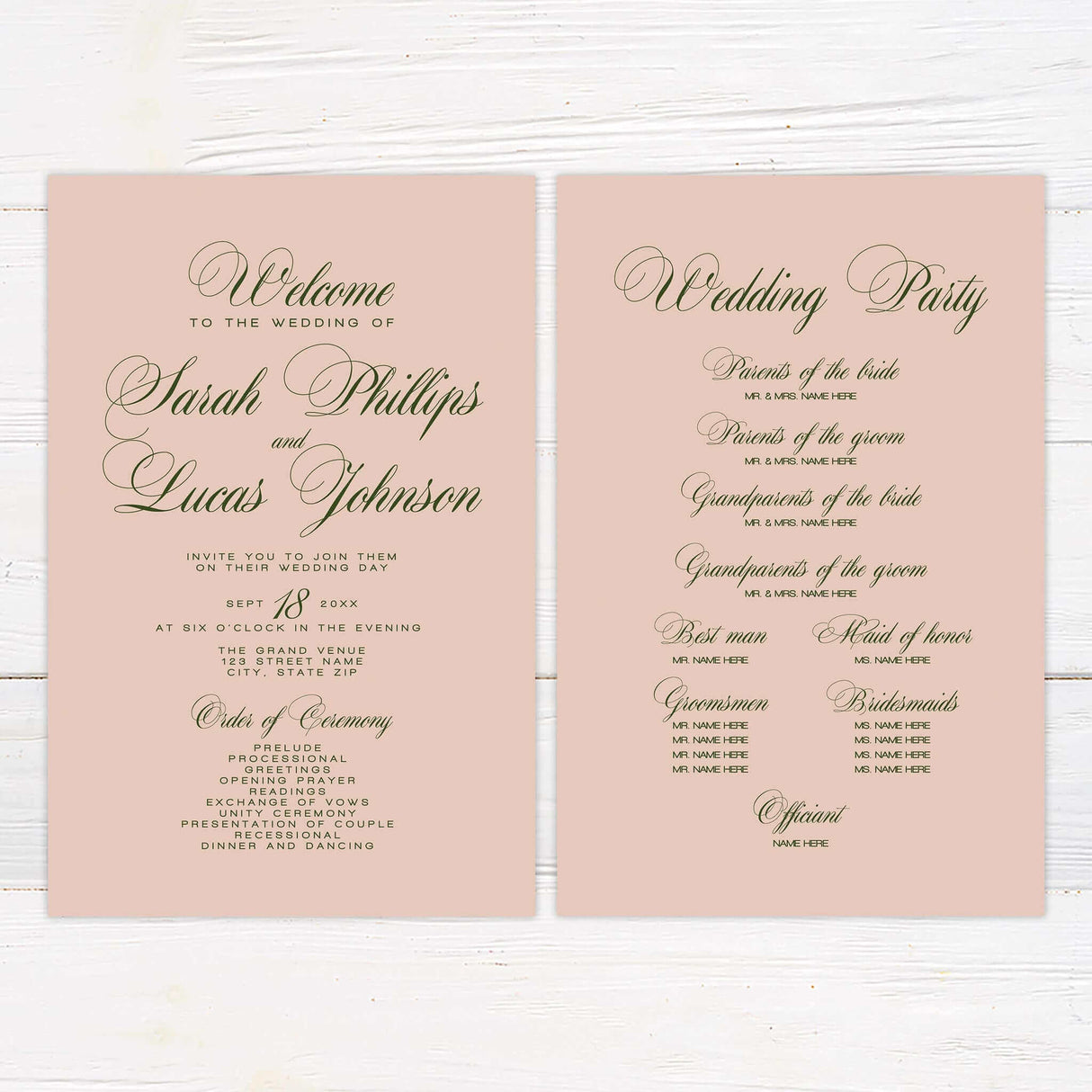 Blush pink wedding program with elegant green script font, minimal floral accent, and classic layout.