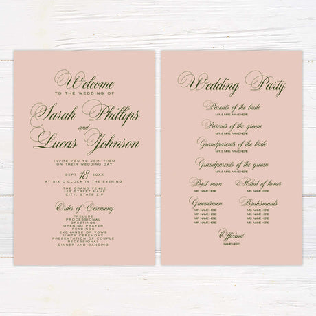 Blush pink wedding program with elegant green script font, minimal floral accent, and classic layout.