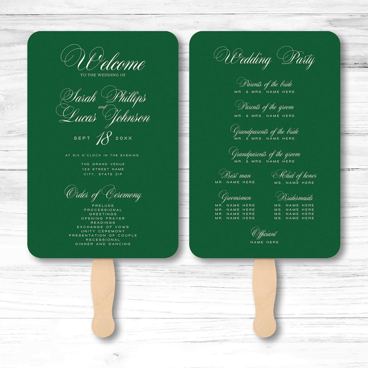 Minimalist wedding program fan with ceremony and wedding party details printed on both sides.