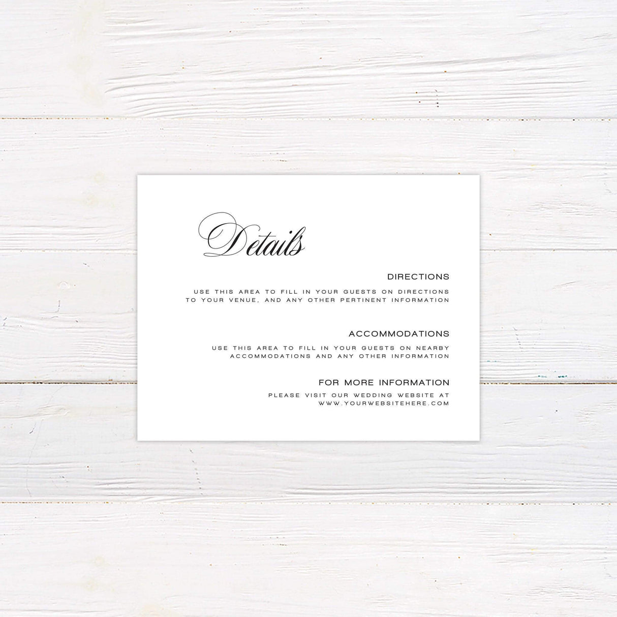 Formal wedding details card with elegant script and minimalist serif font on a clean white background.