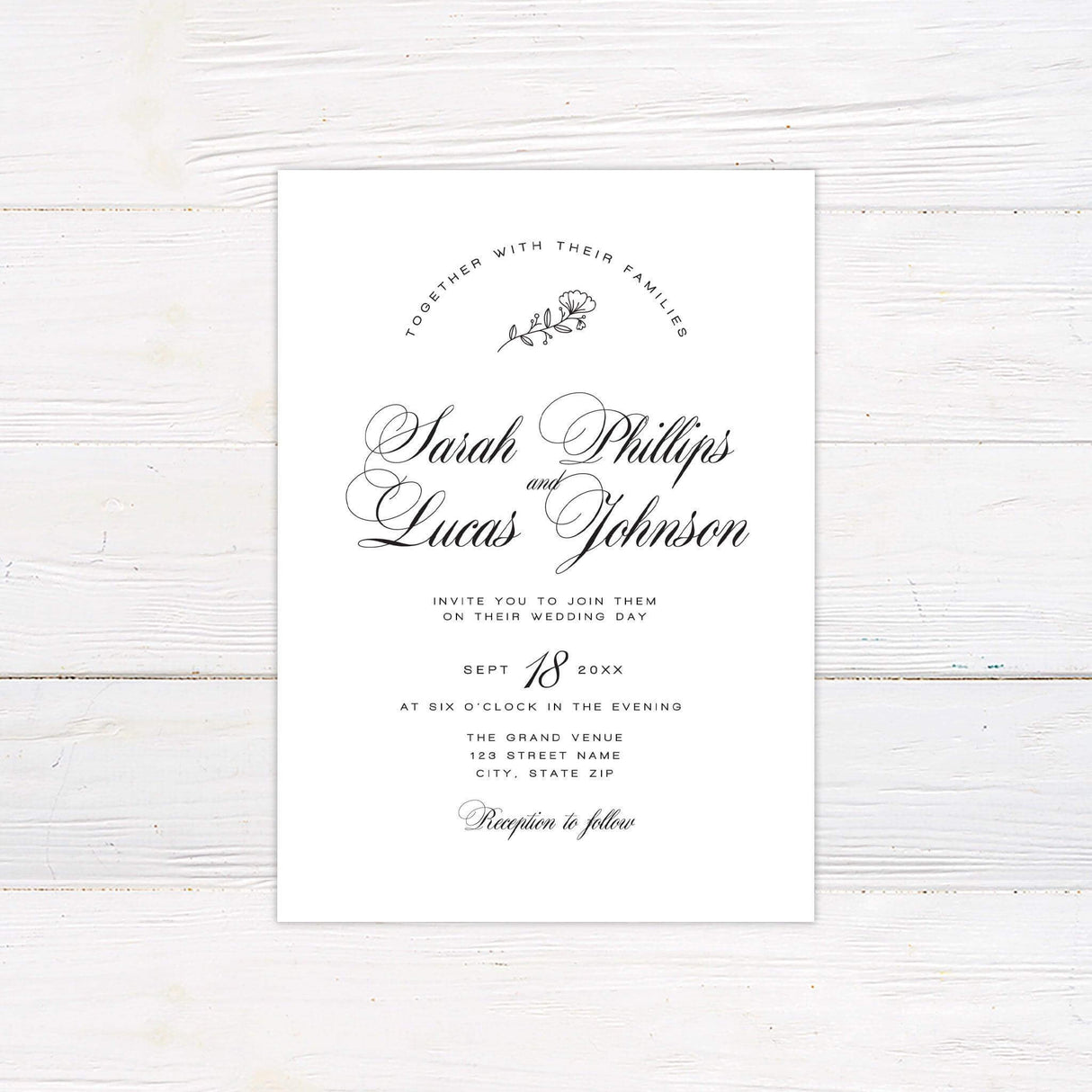 Formal wedding invitation with elegant script and minimalist serif font on a clean white background