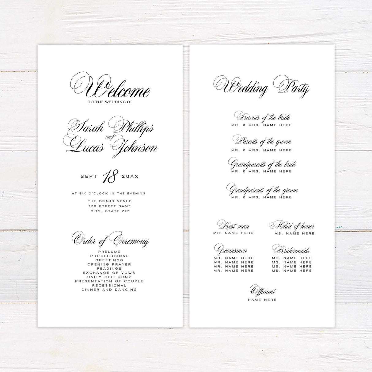 Formal wedding program card with elegant script and minimalist serif font on a clean white background