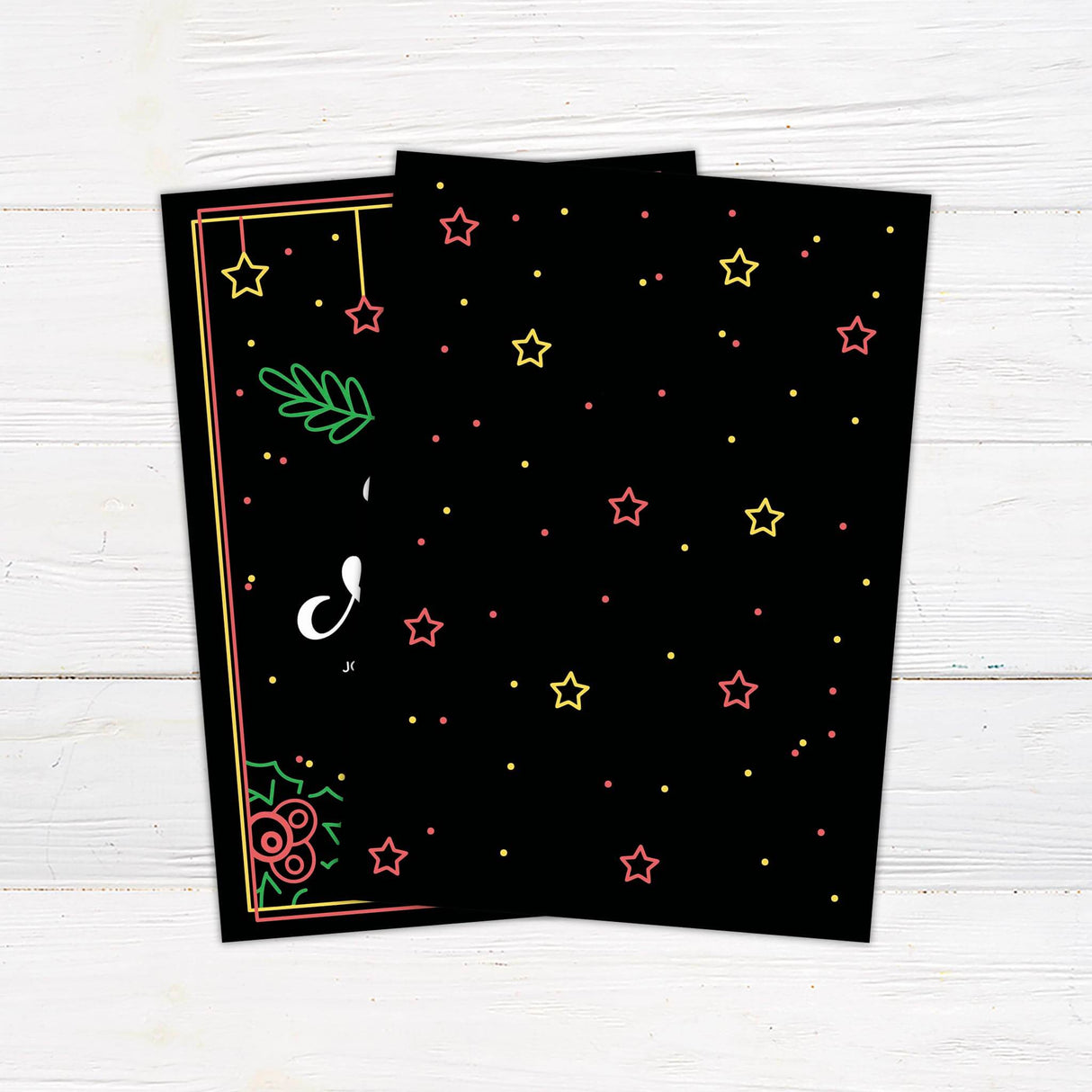 Feliz Navidad Christmas party invitation with neon-style red, yellow, and green holiday graphics on a dark background, featuring bells, holly, and stars. back side