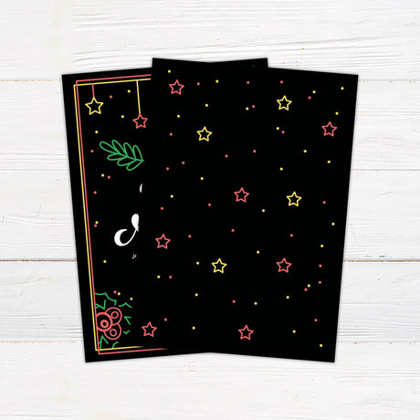 Feliz Navidad Christmas party invitation with neon-style red, yellow, and green holiday graphics on a dark background, featuring bells, holly, and stars. back side