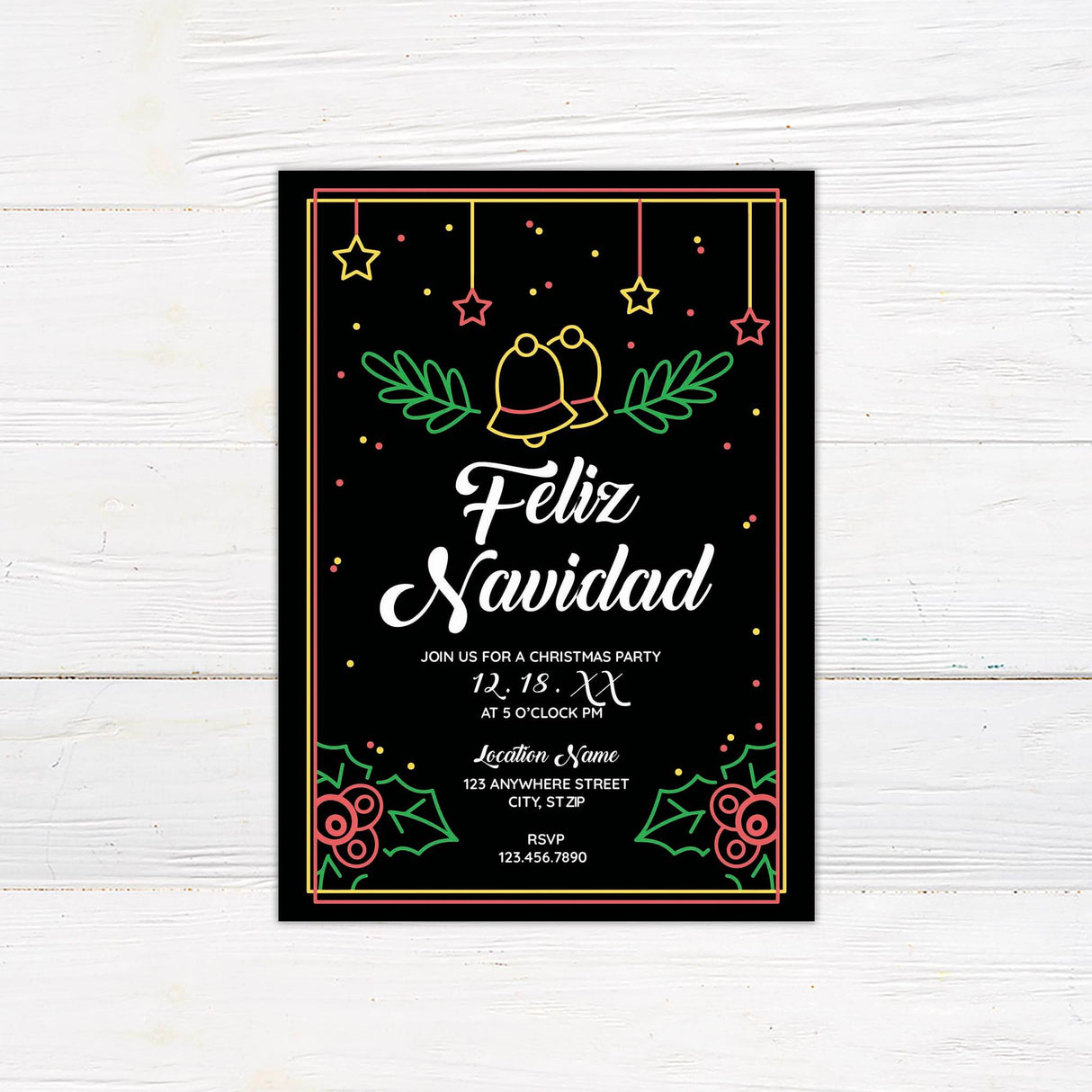 Feliz Navidad Christmas party invitation with neon-style red, yellow, and green holiday graphics on a dark background, featuring bells, holly, and stars.