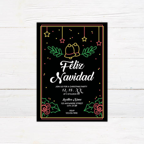 Feliz Navidad Christmas party invitation with neon-style red, yellow, and green holiday graphics on a dark background, featuring bells, holly, and stars.