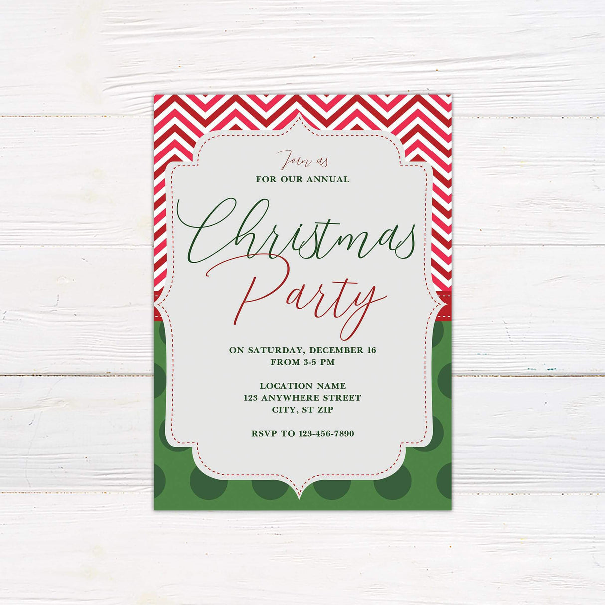 Festive Christmas party invitation with red and green colors and decorative borders. The text invites guests to a holiday gathering with date, time, and location details.