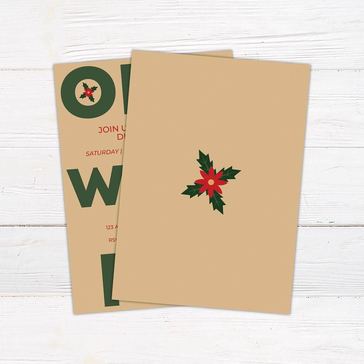 Modern holiday dinner invitation with large green and red block letters reading "OH WHAT FUN" on a tan background, with holly leaf illustration in the "O". - back side