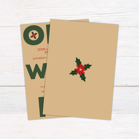 Modern holiday dinner invitation with large green and red block letters reading "OH WHAT FUN" on a tan background, with holly leaf illustration in the "O". - back side