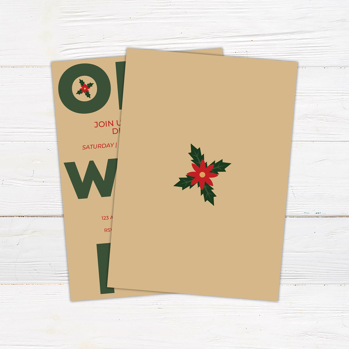Modern Festive Fun Holiday holiday dinner invitation with large green and red block letters reading "OH WHAT FUN" on a tan background, with holly leaf illustration in the "O". - back.