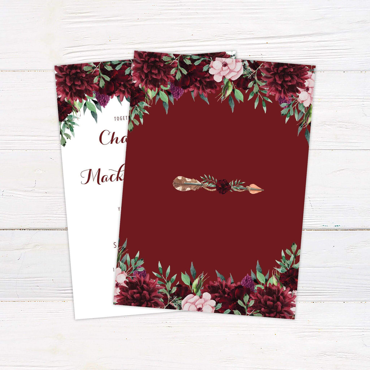 Boho wedding invitation with burgundy and blush watercolor flowers, arrow with floral detail, and rustic elegant fonts on white background - back