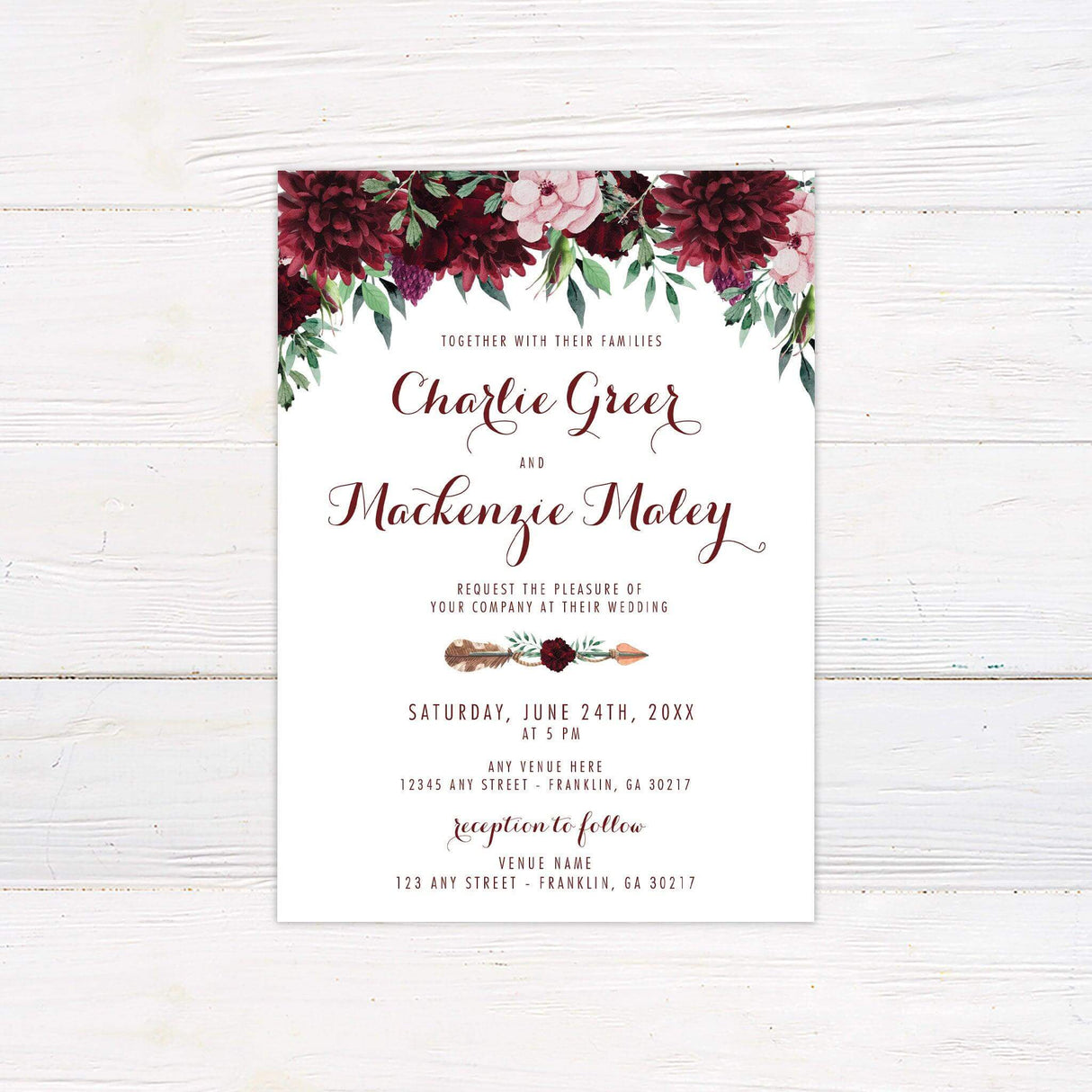 Boho wedding invitation with burgundy and blush watercolor flowers, arrow with floral detail, and rustic elegant fonts on white background