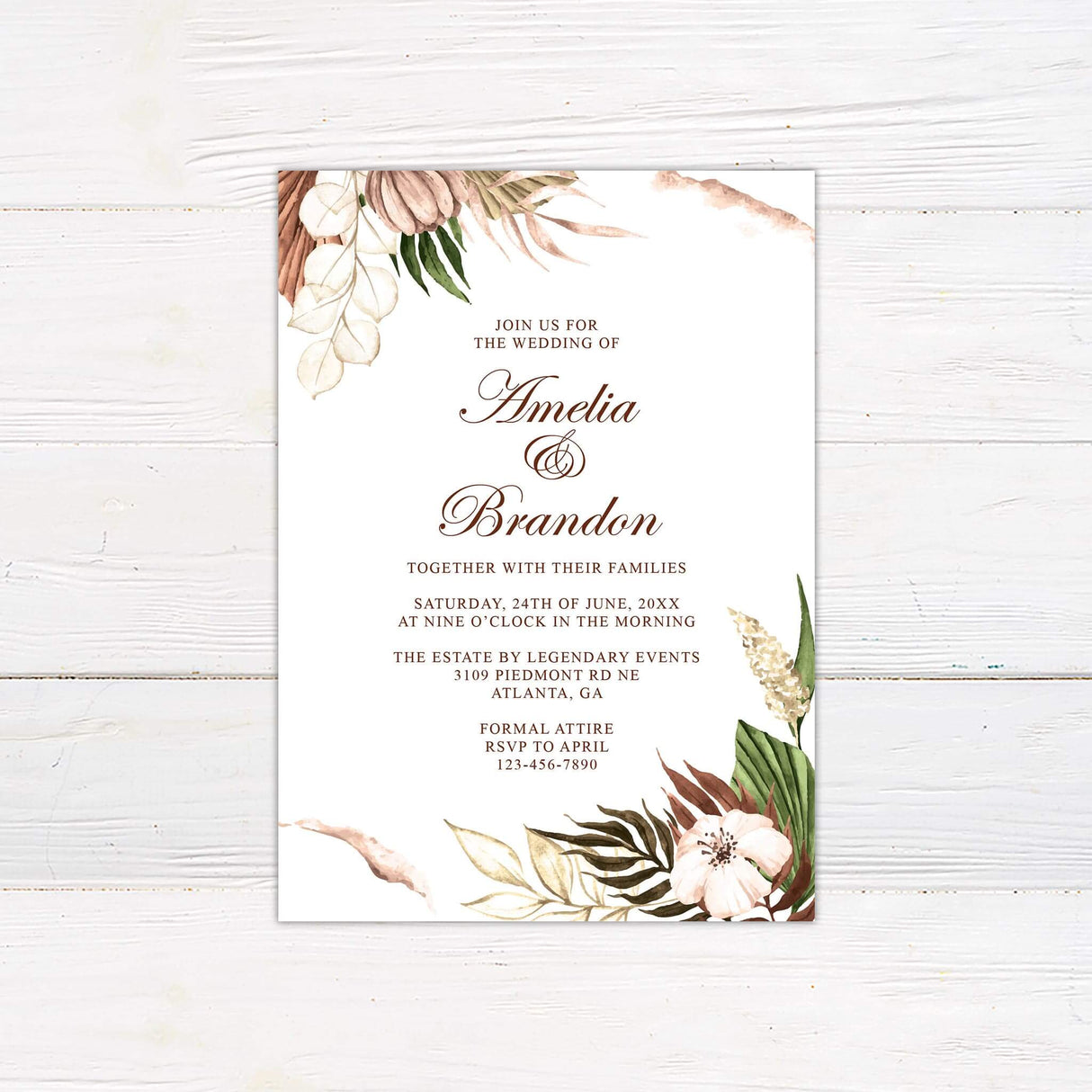 A wedding invitation with a soft cream background features elegant watercolor floral and botanical elements in warm earthy tones of beige, brown, and green. The text is arranged in a mix of flowing script and serif fonts, creating a timeless and sophisticated look. Event details, including the date, time, venue, and dress code, are clearly displayed in a balanced layout. This design exudes rustic elegance, perfect for boho, nature-inspired, or outdoor wedding celebrations.