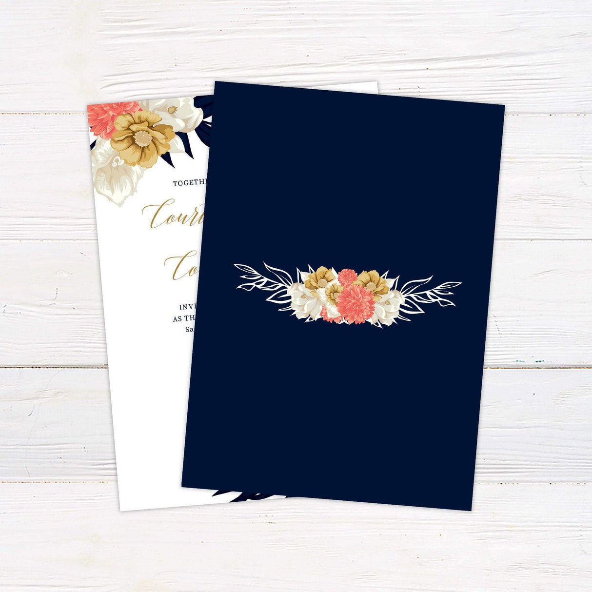 Elegant wedding invitation with cream and gold floral illustrations, coral accents, and navy-blue foliage on a white background with formal text layout - back