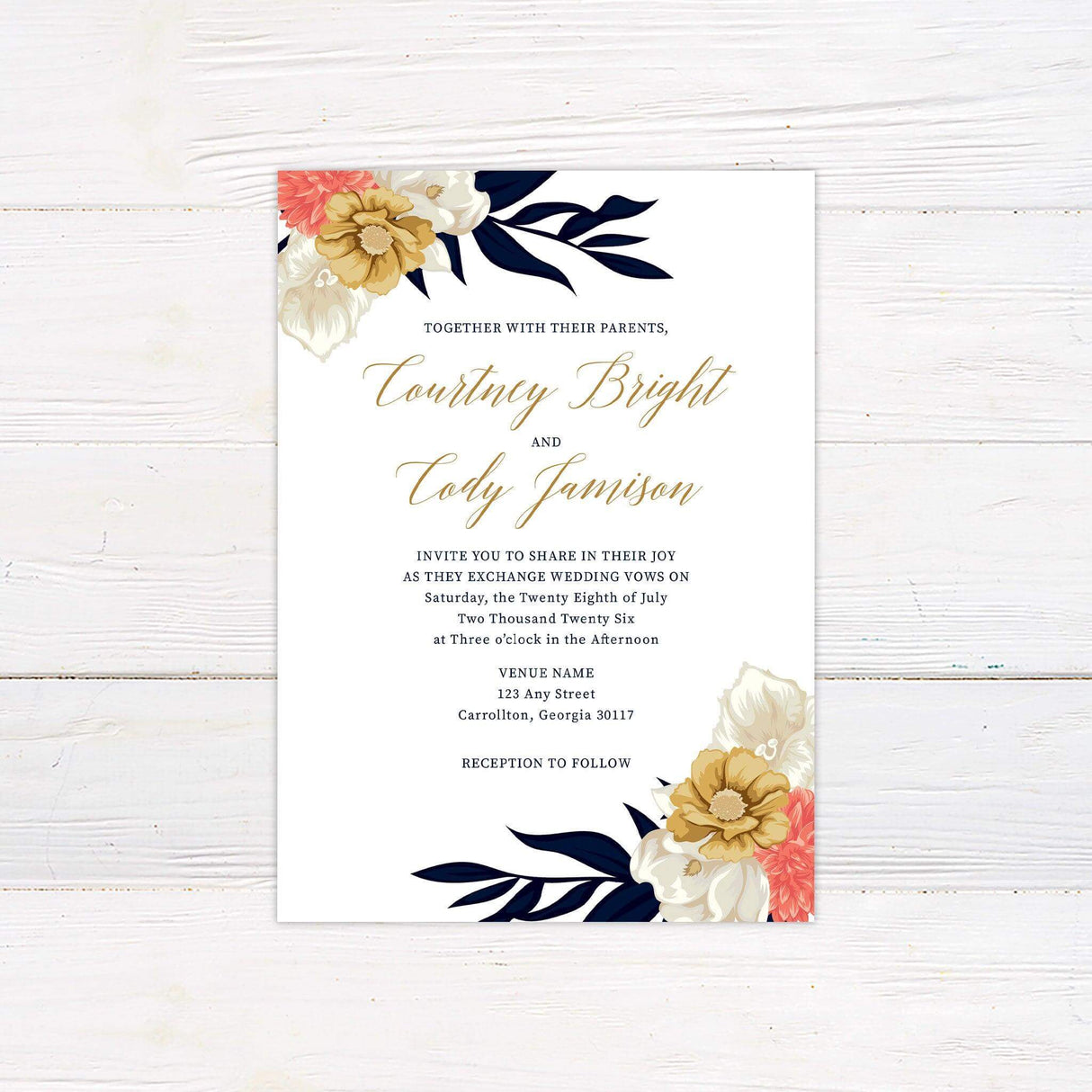 Elegant wedding invitation with cream and gold floral illustrations, coral accents, and navy-blue foliage on a white background with formal text layout