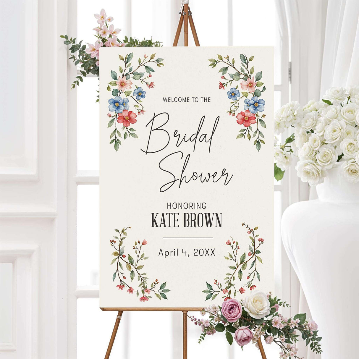 Bridal shower welcome sign featuring watercolor red, blue, and blush flowers with greenery, printed on high-quality material for elegant event décor.