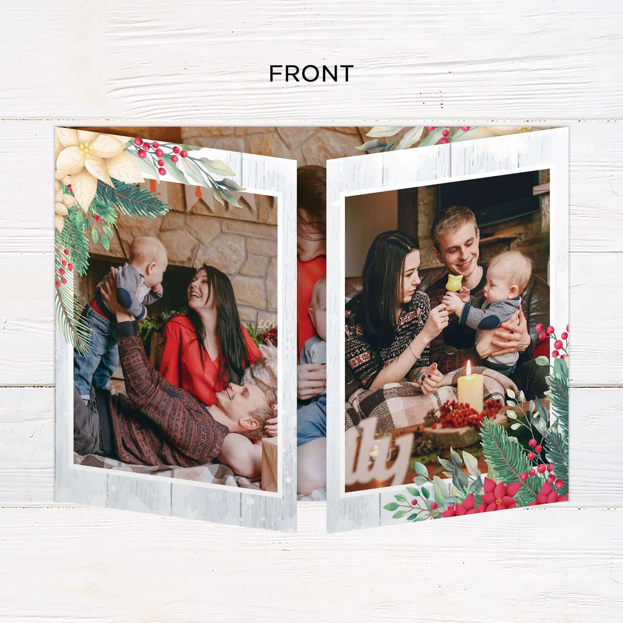 This gatefold holiday card features a soft whitewashed wood background, festive watercolor florals, and space for multiple custom photos. The layout includes editable text areas and design elements that can be personalized with names, greetings, and special messages. - front.