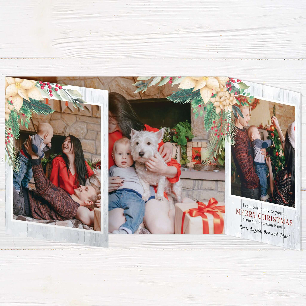 This gatefold holiday card features a soft whitewashed wood background, festive watercolor florals, and space for multiple custom photos. The layout includes editable text areas and design elements that can be personalized with names, greetings, and special messages.