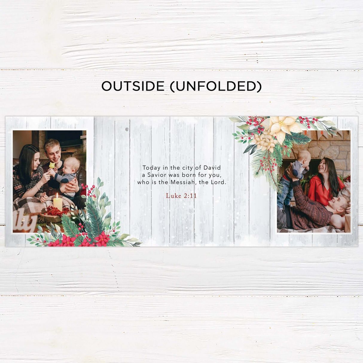 This gatefold holiday card features a soft whitewashed wood background, festive watercolor florals, and space for multiple custom photos. The layout includes editable text areas and design elements that can be personalized with names, greetings, and special messages. - outside.