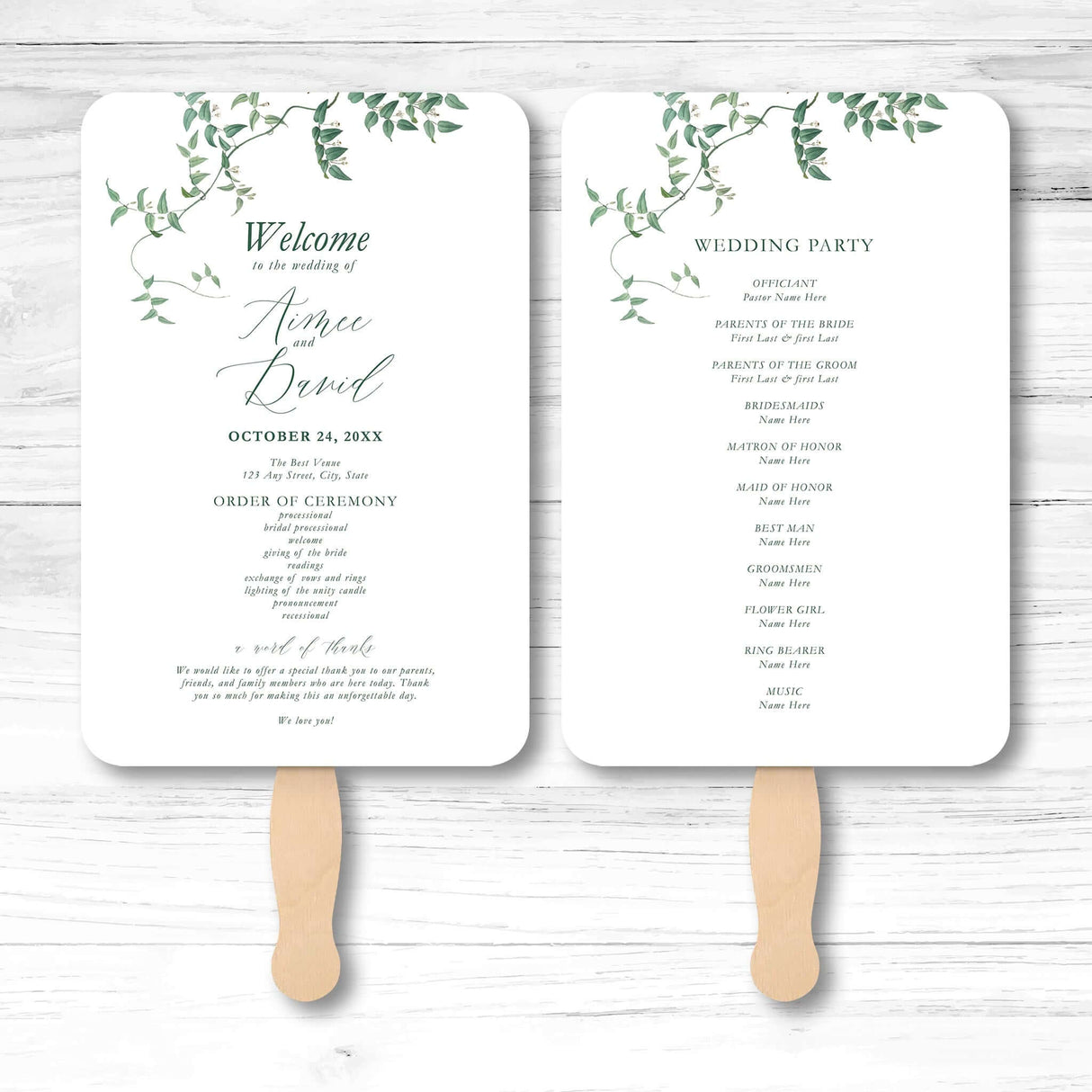 Botanical greenery wedding program fan with vine illustration, wooden handle, and double-sided layout for ceremony details and wedding party info