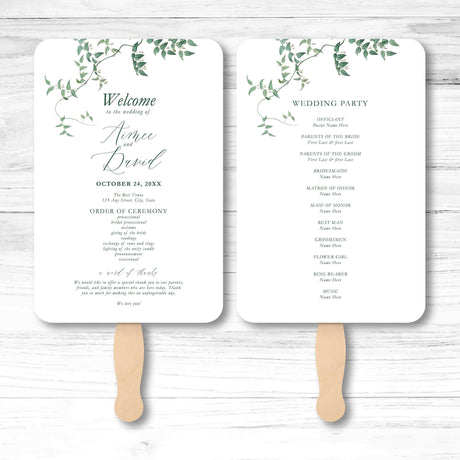 Botanical greenery wedding program fan with vine illustration, wooden handle, and double-sided layout for ceremony details and wedding party info