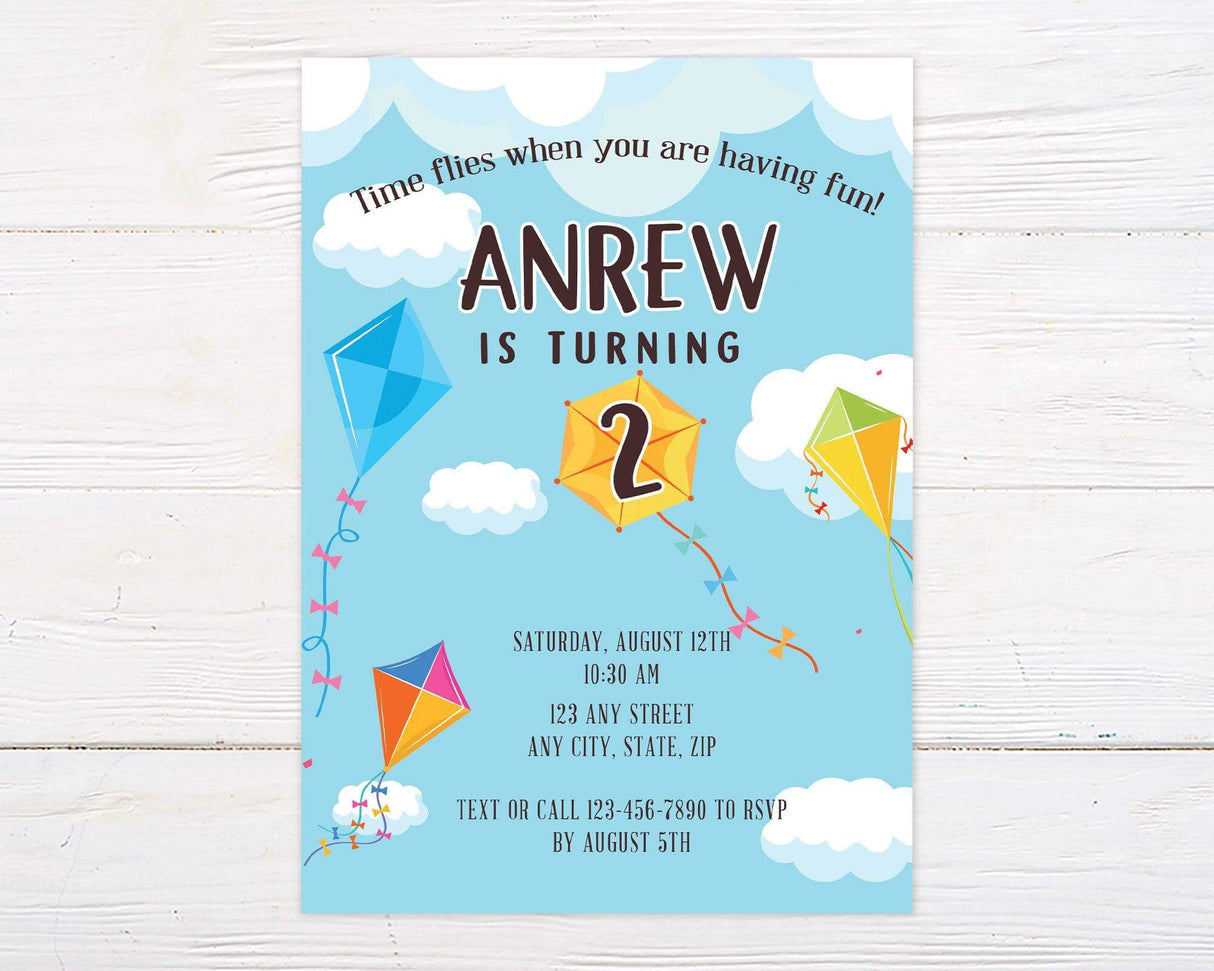 Colorful kite-themed birthday invitation featuring bright kites, fluffy clouds, and playful typography on a blue sky background. Perfect for an outdoor, spring, or summer birthday party.