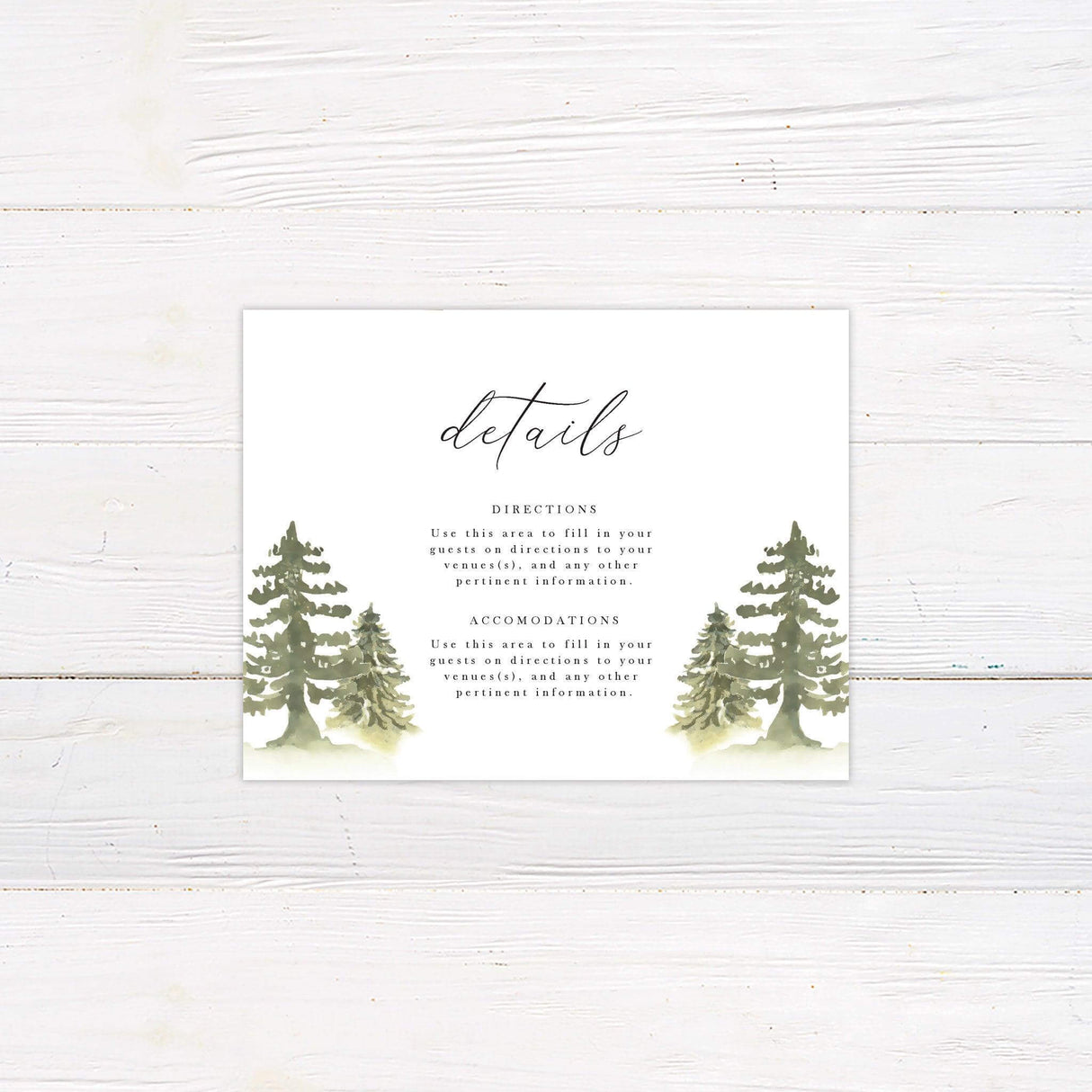 Wedding details card with forest watercolor design. Ideal for rustic, woodland, and outdoor weddings with additional event information.
