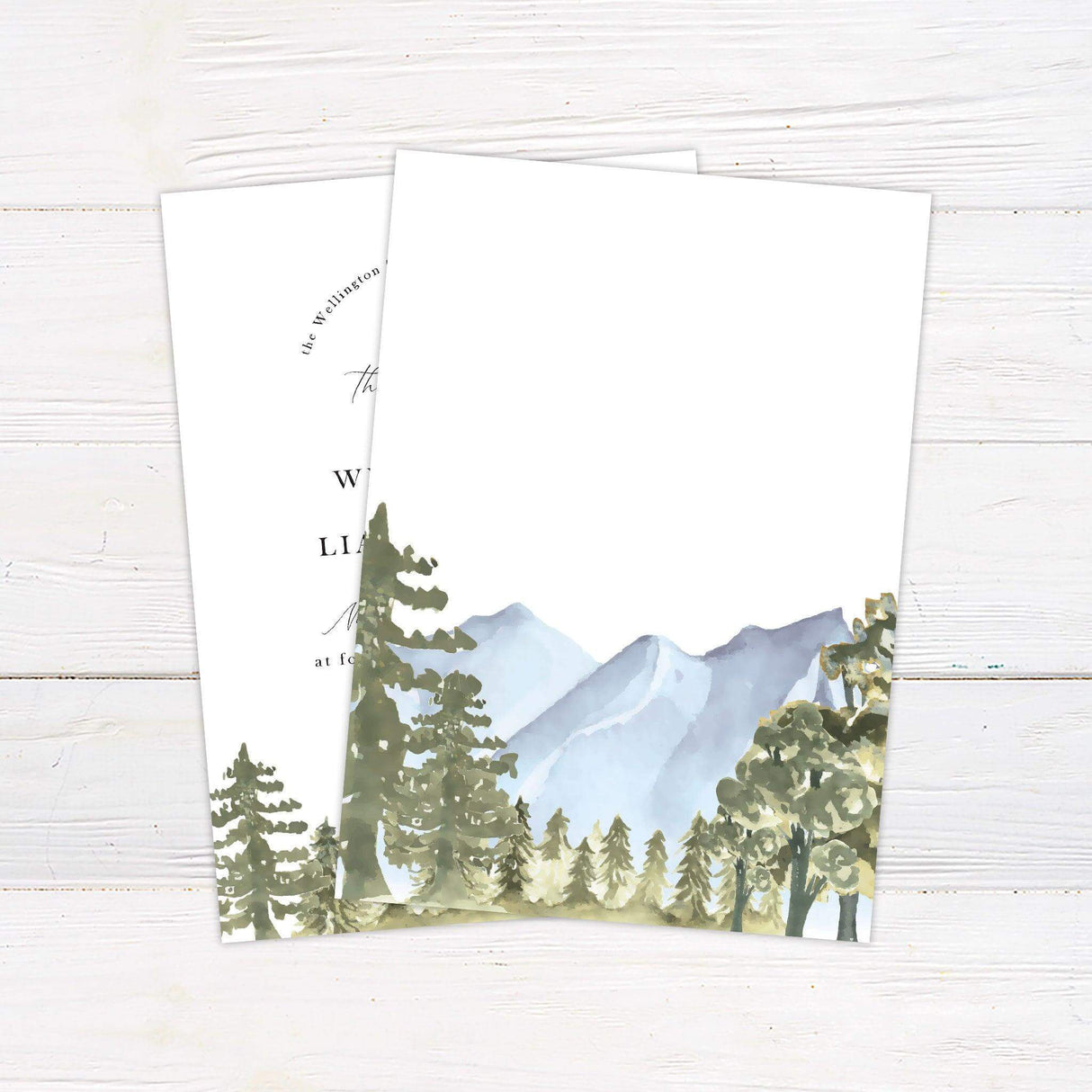 Elegant forest wedding invitation with watercolor trees and minimalist typography. Perfect for rustic, outdoor, or nature-themed weddings. Back.