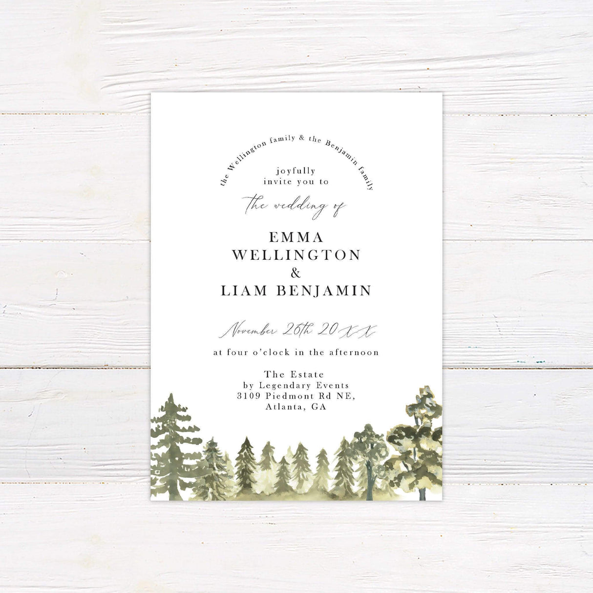 Elegant forest wedding invitation with watercolor trees and minimalist typography. Perfect for rustic, outdoor, or nature-themed weddings.