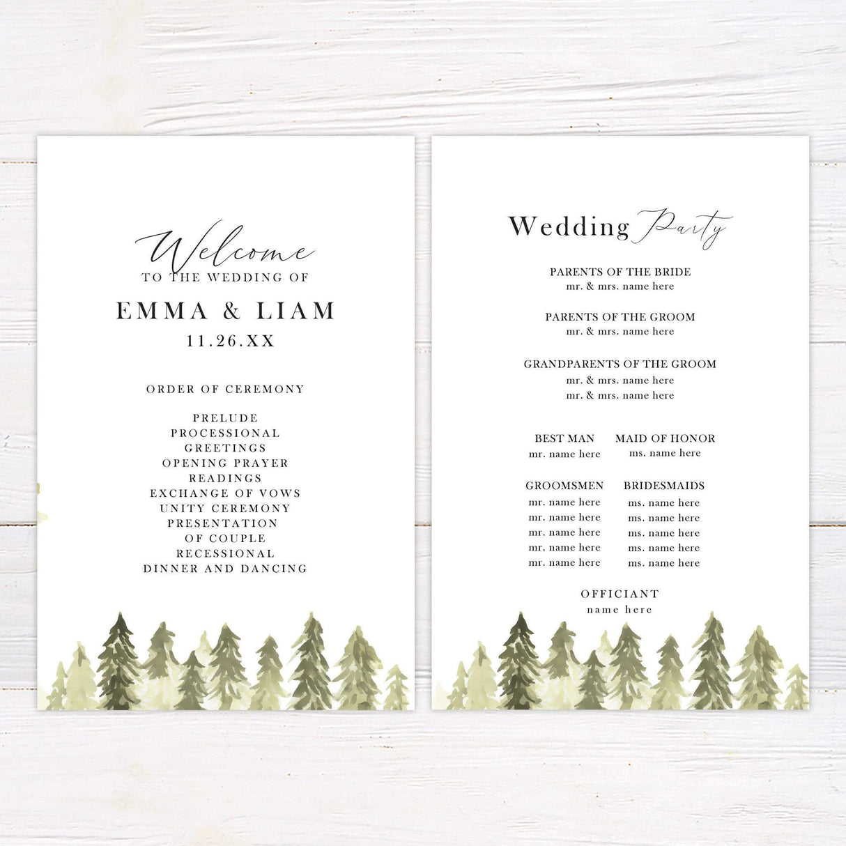 Minimalist wedding program with watercolor forest theme. Perfect for outdoor, rustic, or woodland-inspired wedding ceremonies.