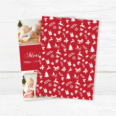 Custom four photo collage Christmas card with family pictures, red panel, and personalized holiday message in elegant script. - back.