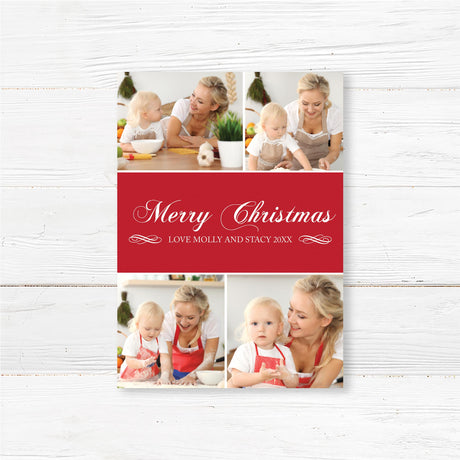 Custom four photo collage Christmas card with family pictures, red panel, and personalized holiday message in elegant script.