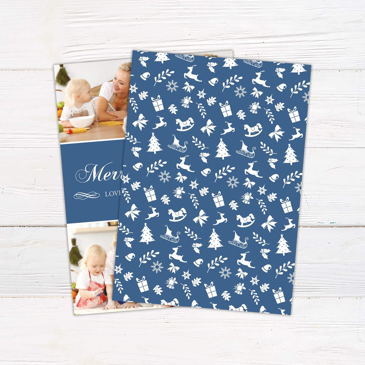 Custom four photo collage Christmas card with family pictures, navy panel, and personalized holiday message in elegant script. - back.