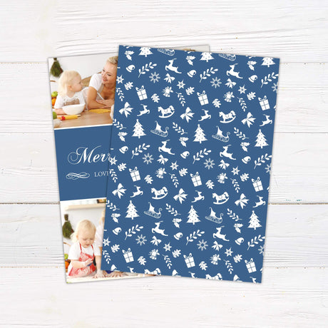 Custom four photo collage Christmas card with family pictures, navy panel, and personalized holiday message in elegant script. - back.