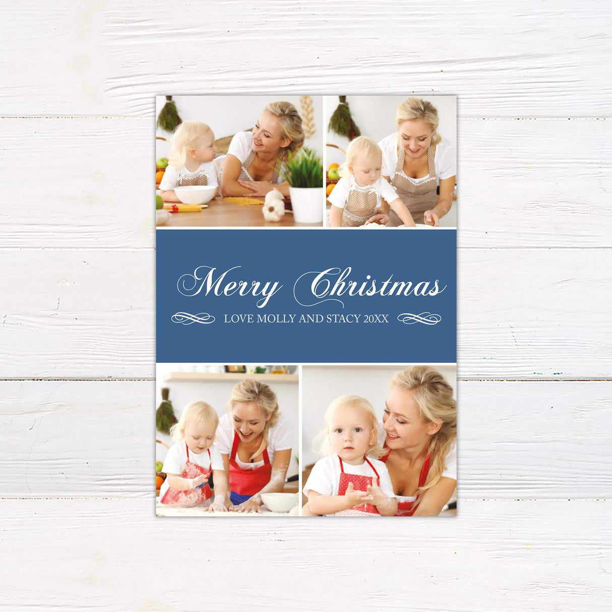 Custom four photo collage Christmas card with family pictures, navy panel, and personalized holiday message in elegant script.