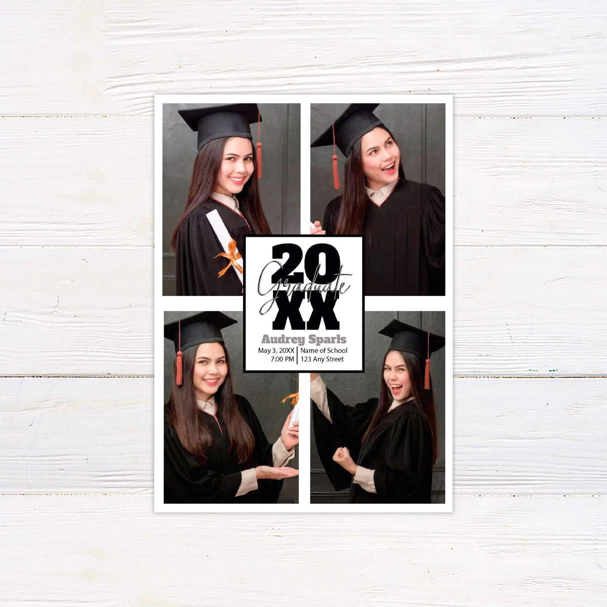 Graduation invitation featuring a four-photo collage layout with a central text box displaying the graduation year and event details. The design includes customizable school colors and elegant typography. Perfect for announcing a graduate’s special milestone. Back side includes additional photo options. Black.
