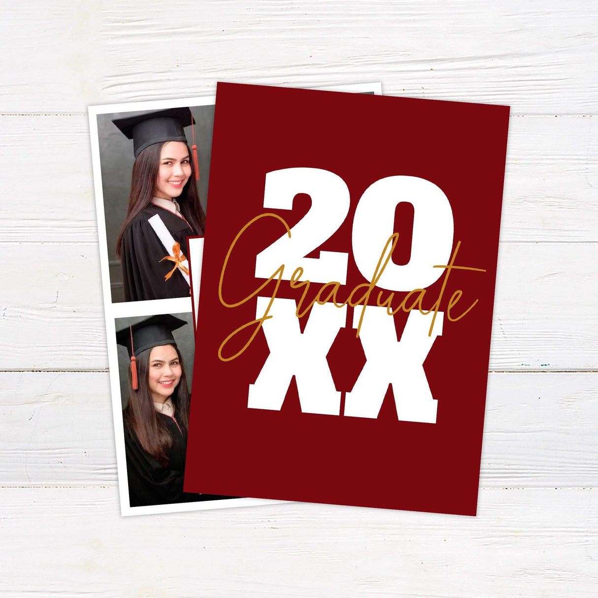Graduation invitation featuring a four-photo collage layout with a central text box displaying the graduation year and event details. The design includes customizable school colors and elegant typography. Perfect for announcing a graduate’s special milestone. Back side includes additional photo options. Back Maroon.