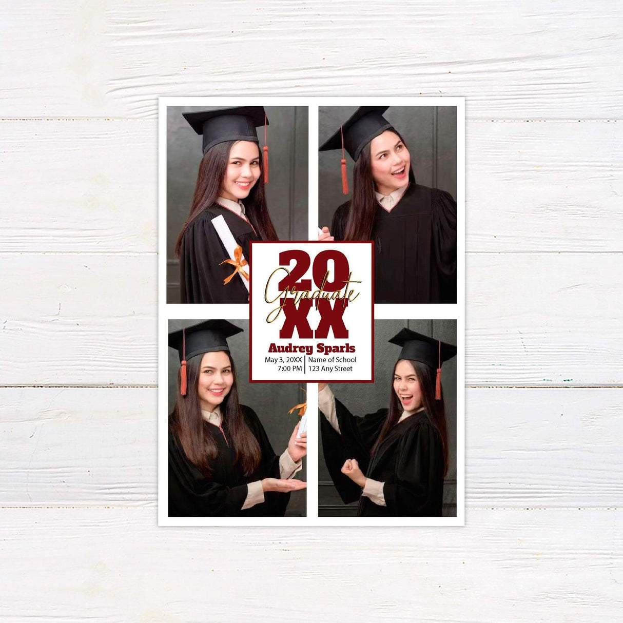 Graduation invitation featuring a four-photo collage layout with a central text box displaying the graduation year and event details. The design includes customizable school colors and elegant typography. Perfect for announcing a graduate’s special milestone. Back side includes additional photo options. Maroon.
