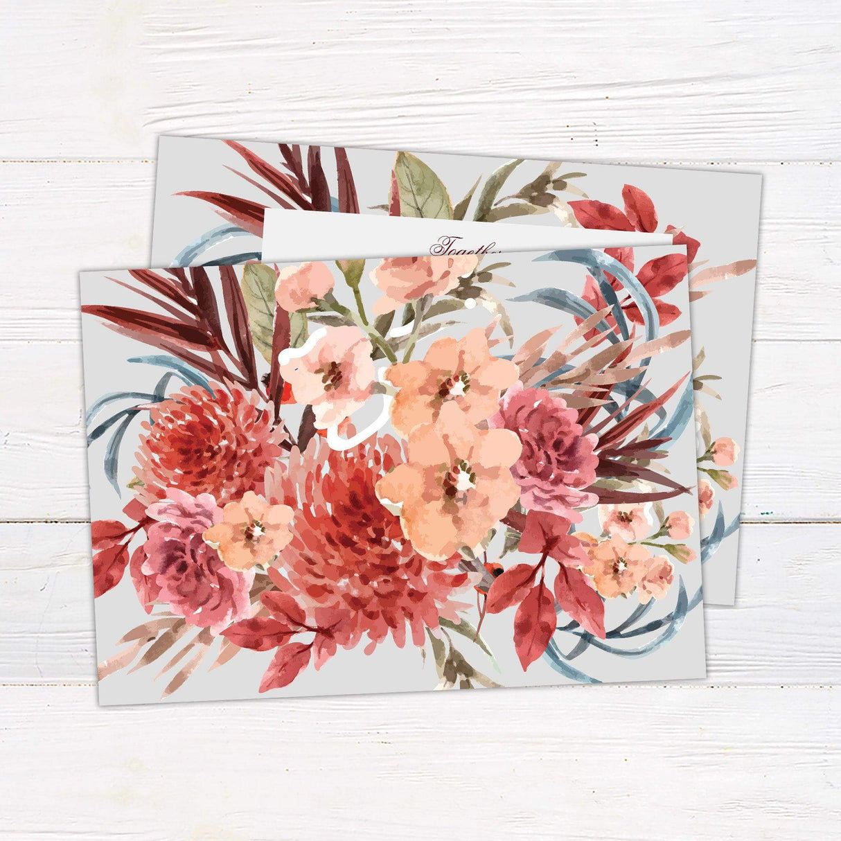 Tropical floral wedding invitation with bright pink and red watercolor flowers framing elegant wedding details on a soft mint background. back