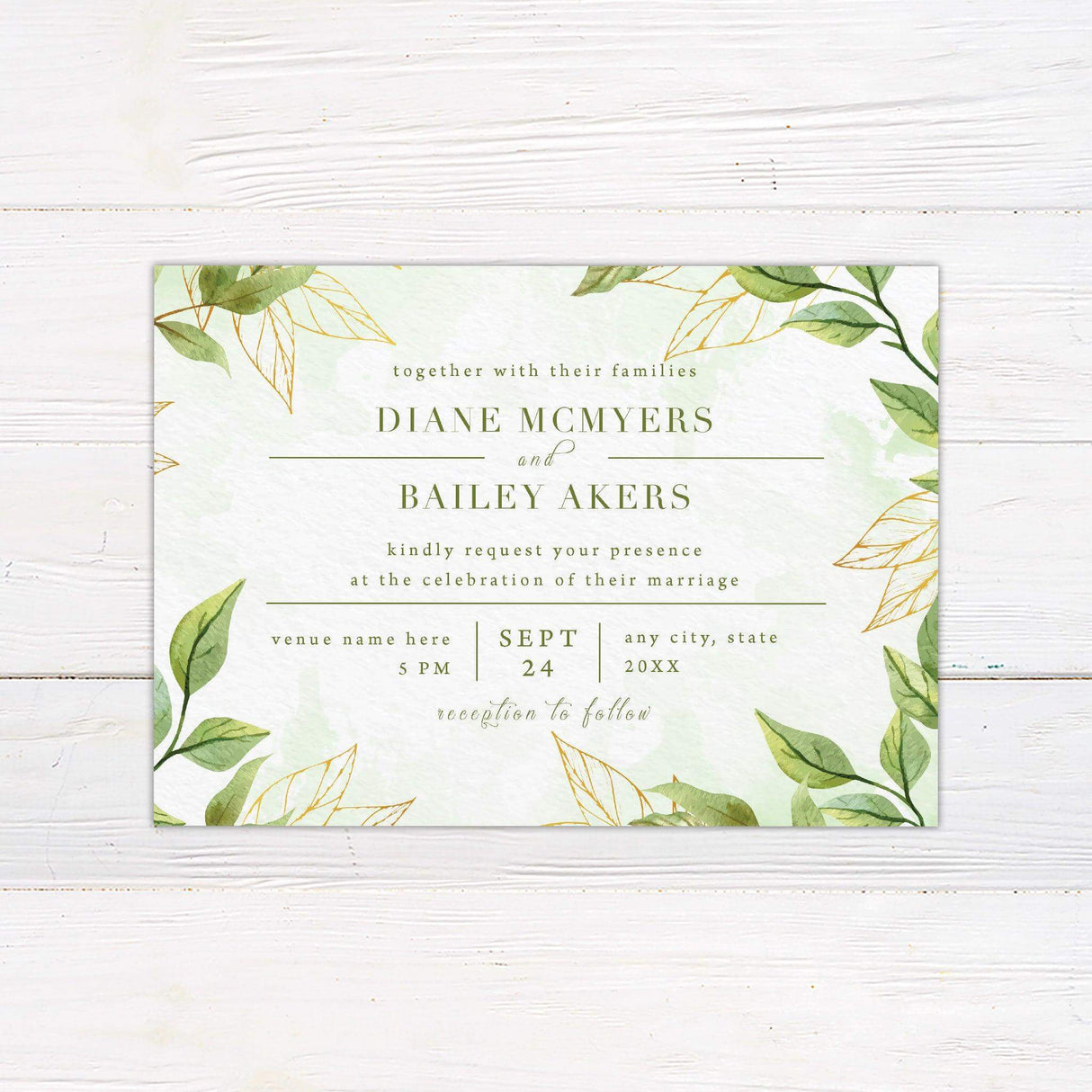 Elegant green botanical wedding invitation with watercolor leaf borders and gold accent lines on a soft mint background.