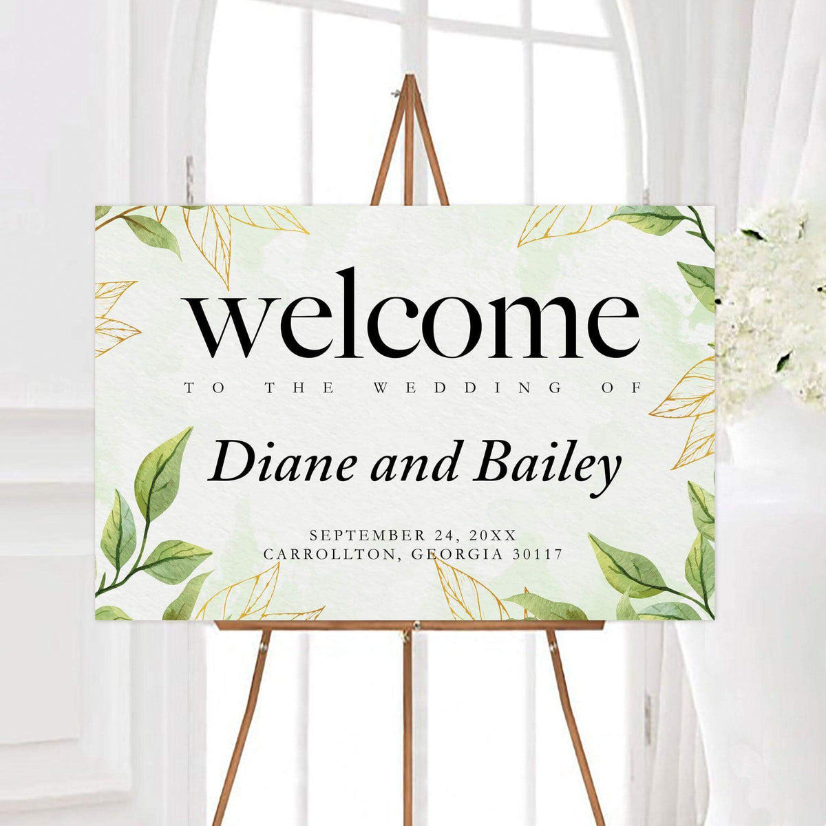 Personalized fresh leaves wedding welcome sign featuring watercolor greenery and delicate botanical leaves. Elegant lettering displays the couple’s names, wedding date, and event details.