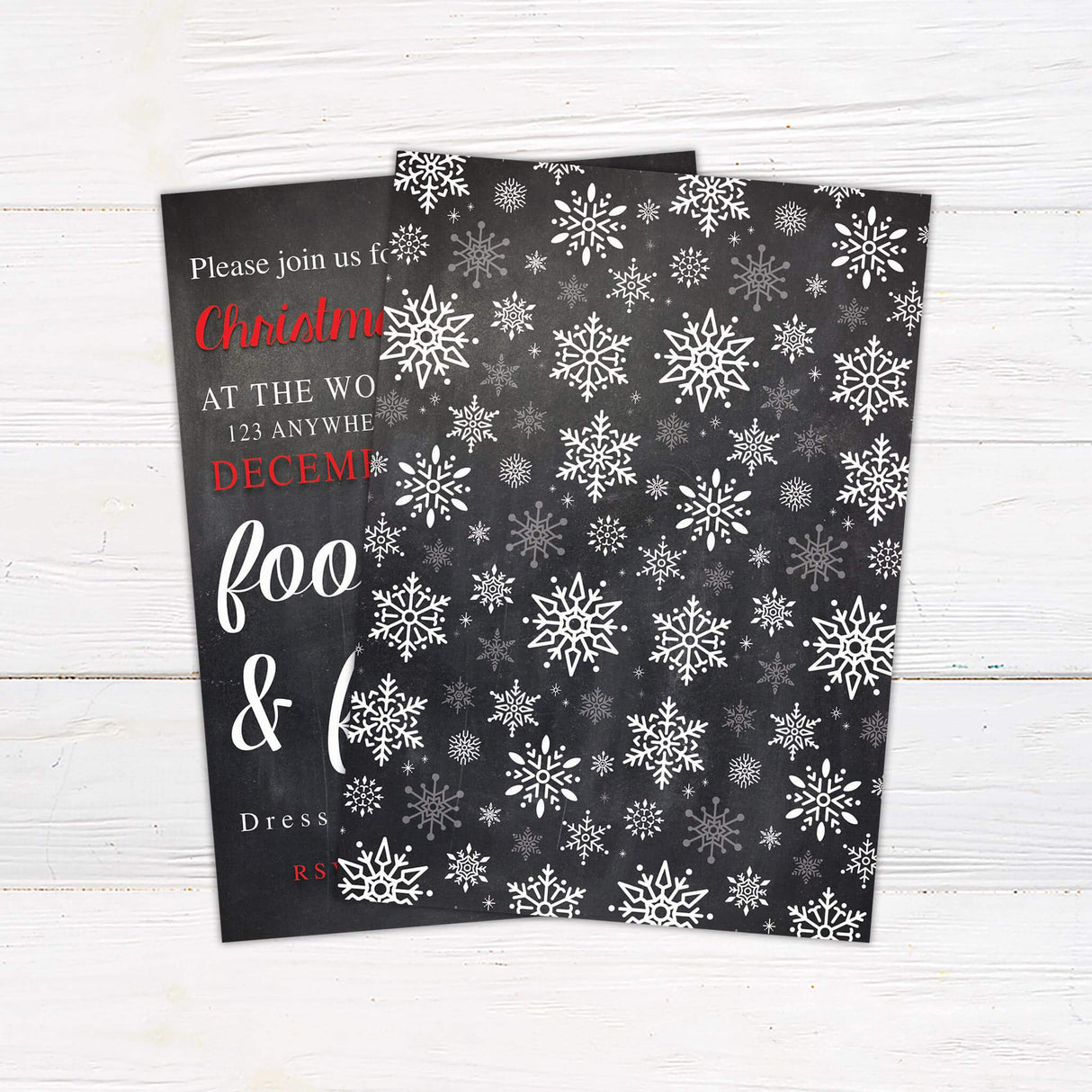A Christmas party invitation with festive text on a dark background. The design highlights a cheerful holiday gathering with a fun theme. - back side.