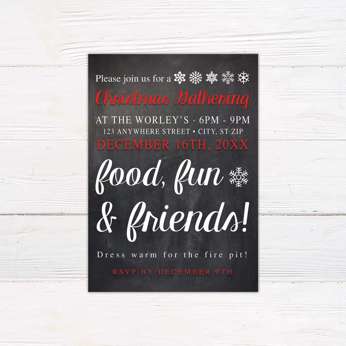 A Christmas party invitation with festive text on a dark background. The design highlights a cheerful holiday gathering with a fun theme.