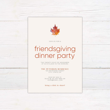 Friendsgiving Card for dinner party invitation with fall leaf design.