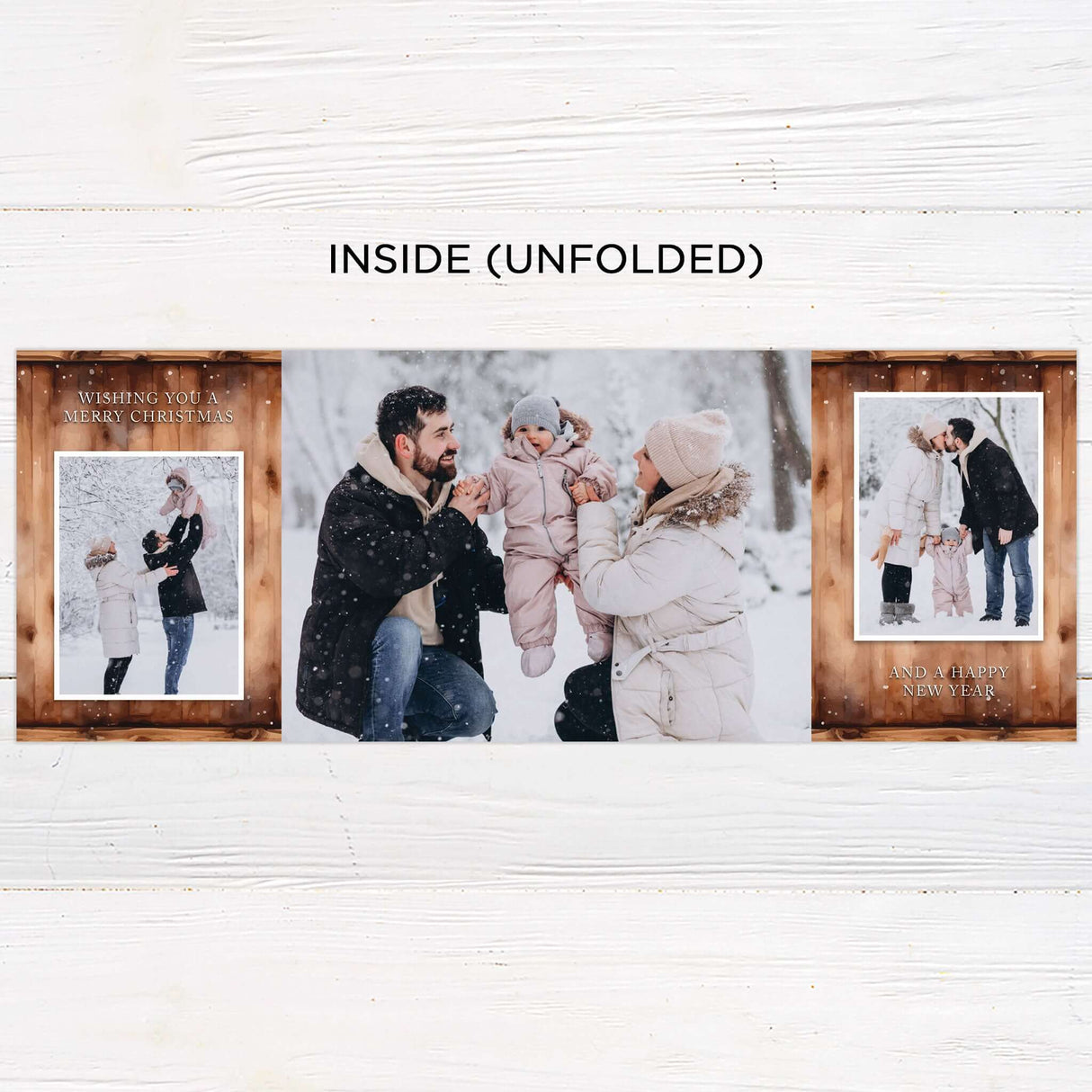 This gatefold holiday card features a cozy woodgrain background with a snow-dusted edge and watercolor floral wreath. Inside, it displays framed photos, festive typography with “Wishing You a Merry Christmas and a Happy New Year,” and a monogram accent. - inside.