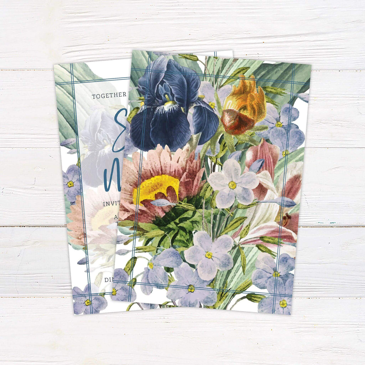 Printed watercolor floral wedding invitation with hand-painted pastel flowers and elegant blue calligraphy names - back